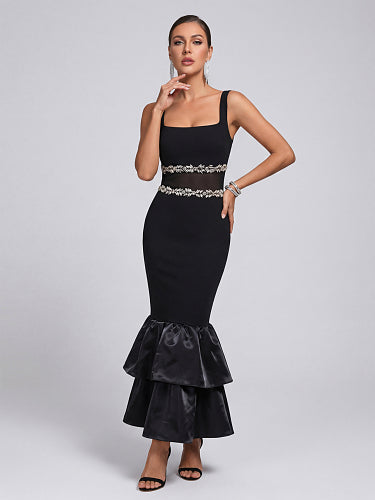 Crystal Mesh Ruffle Maxi Dress Black HV2978