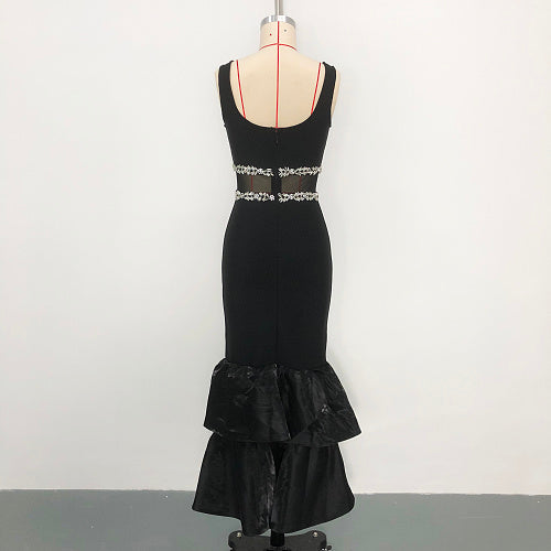 Crystal Mesh Ruffle Maxi Dress Black HV2978