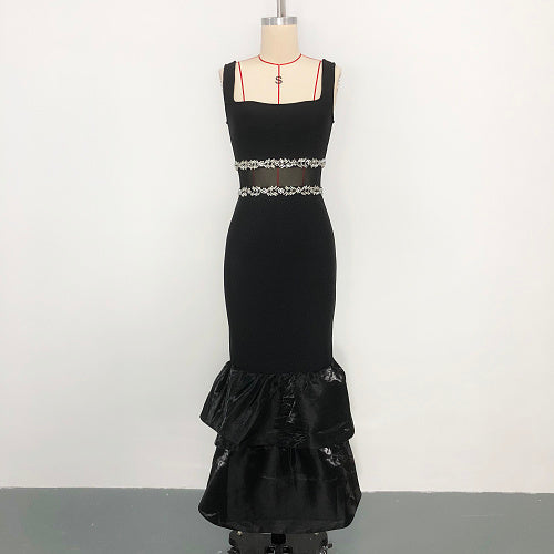 Crystal Mesh Ruffle Maxi Dress Black HV2978