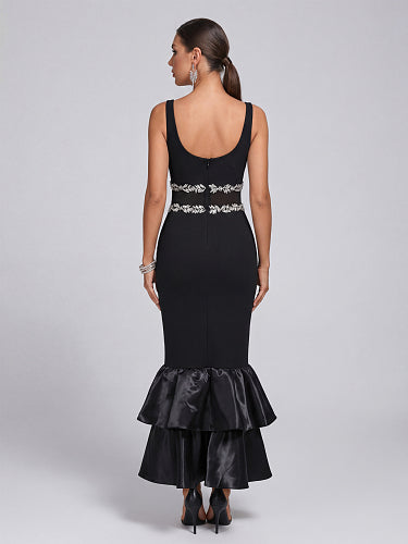 Crystal Mesh Ruffle Maxi Dress Black HV2978