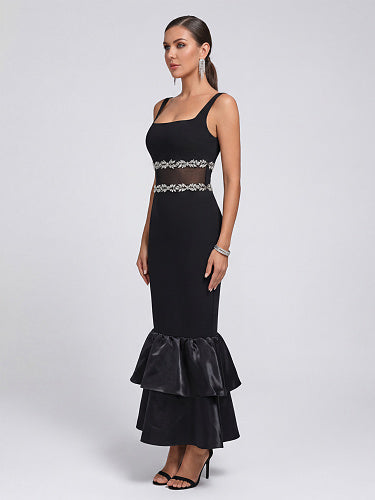 Crystal Mesh Ruffle Maxi Dress Black HV2978
