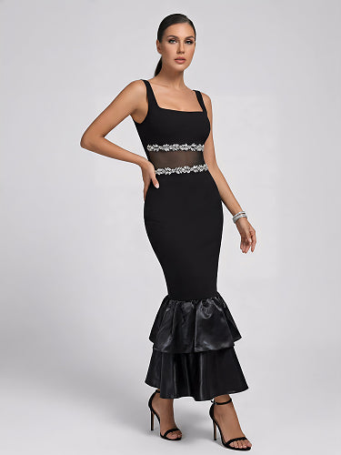 Crystal Mesh Ruffle Maxi Dress Black HV2978
