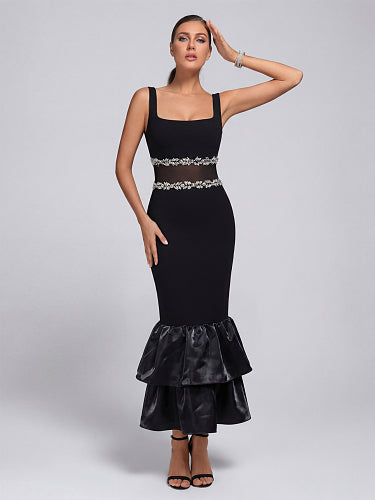 Crystal Mesh Ruffle Maxi Dress Black HV2978