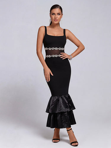 Crystal Mesh Ruffle Maxi Dress Black HV2978