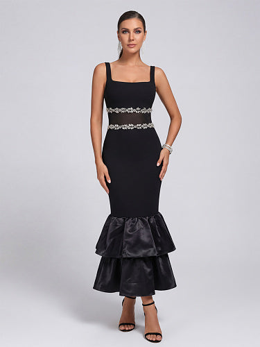 Crystal Mesh Ruffle Maxi Dress Black HV2978