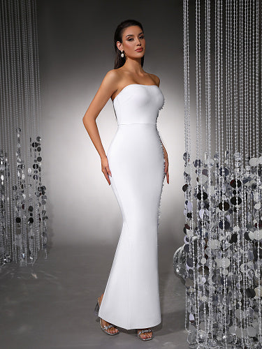 Strapless Embellished Side Maxi Dress White HV2979