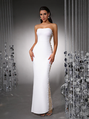 Strapless Embellished Side Maxi Dress White HV2979
