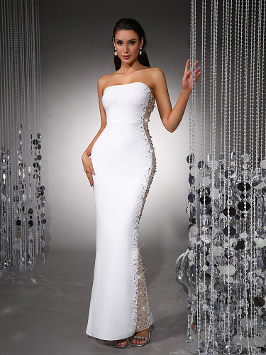 Strapless Embellished Side Maxi Dress White HV2979