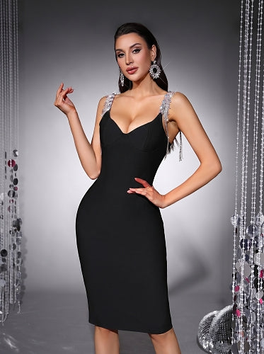 Crystal Shoulders Bustier Midi Dress Black HV2980