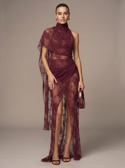 One Shoulder Lace Maxi Dress Burgundy HV2970