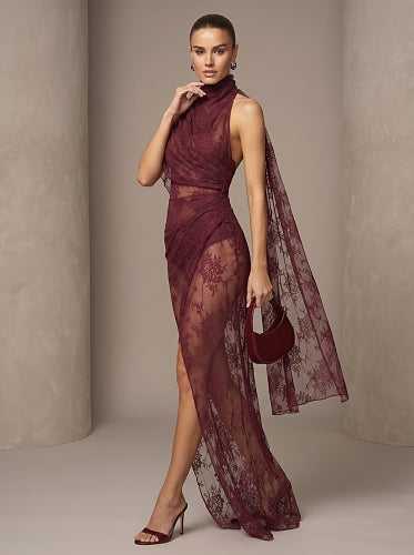 One Shoulder Lace Maxi Dress Burgundy HV2970