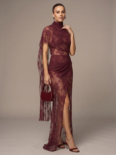 One Shoulder Lace Maxi Dress Burgundy HV2970