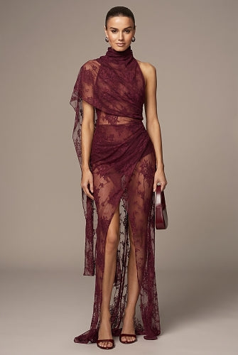 One Shoulder Lace Maxi Dress Burgundy HV2970