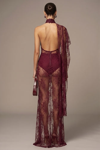 One Shoulder Lace Maxi Dress Burgundy HV2970