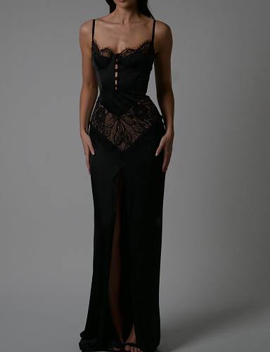 Lace Insert Bustier Maxi Dress Black HV2971