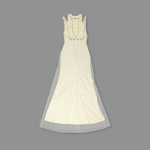 Halter Pearl Backless Maxi Dress Light Yellow HV2678