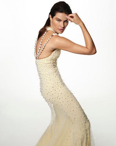 Halter Pearl Backless Maxi Dress Light Yellow HV2678