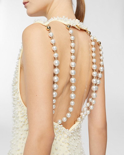 Halter Pearl Backless Maxi Dress Light Yellow HV2678