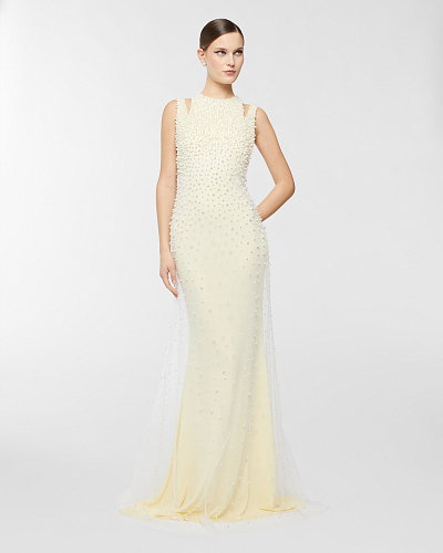 Halter Pearl Backless Maxi Dress Light Yellow HV2678