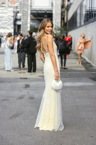Halter Pearl Backless Maxi Dress Light Yellow HV2678