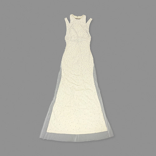 Halter Pearl Backless Maxi Dress Light Yellow HV2678