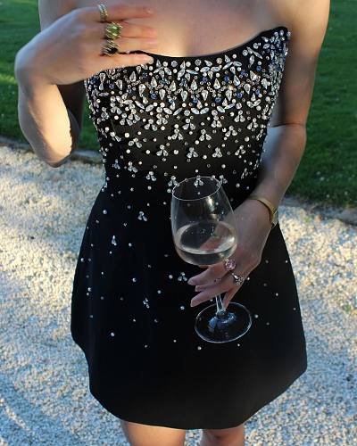 Strapless Crystal Embellished A Line Dress Black HV2985