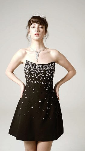 Strapless Crystal Embellished A Line Dress Black HV2985