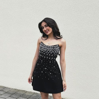 Strapless Crystal Embellished A Line Dress Black HV2985