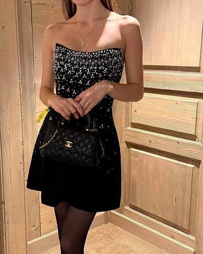 Strapless Crystal Embellished A Line Dress Black HV2985