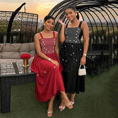 Crystal Embellished A Line Maxi Dress Dark Red HV2988