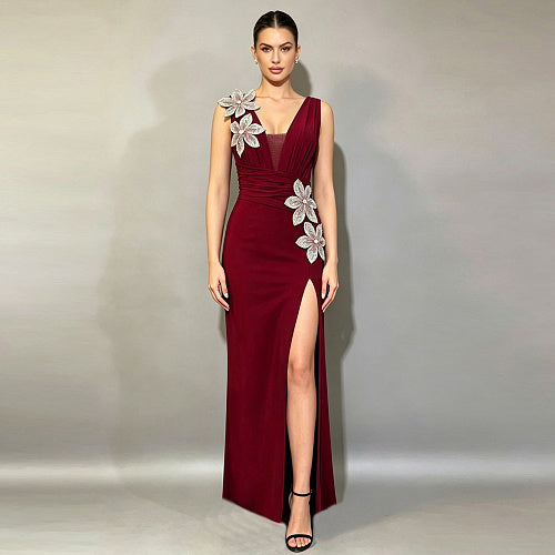 Floral Draped Maxi Dress Red HV2989