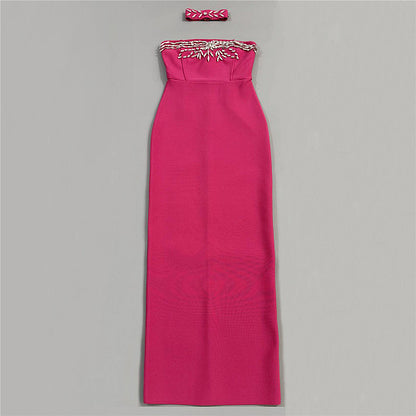 Strapless Crystal Choker Maxi Dress Hot Pink HV2990