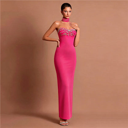 Strapless Crystal Choker Maxi Dress Hot Pink HV2990