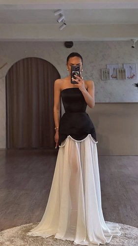 Strapless Pearl Detail A Line Maxi Dress Black White HV2992