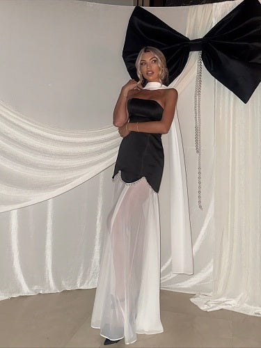 Strapless Pearl Detail A Line Maxi Dress Black White HV2992
