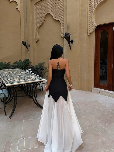 Strapless Pearl Detail A Line Maxi Dress Black White HV2992