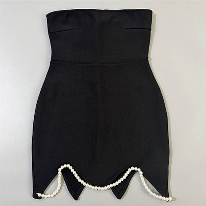 Strapless Pearl Detail A Line Maxi Dress Black White HV2992