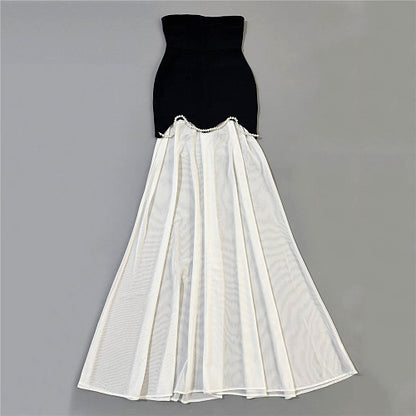 Strapless Pearl Detail A Line Maxi Dress Black White HV2992