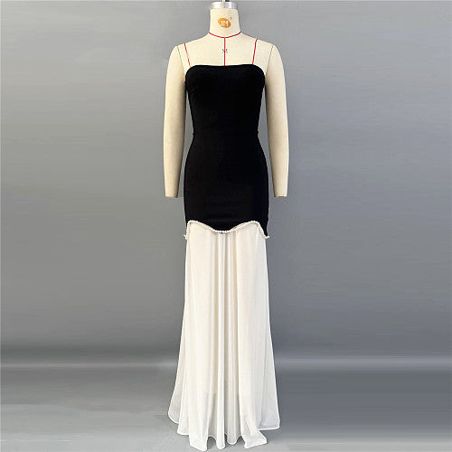 Strapless Pearl Detail A Line Maxi Dress Black White HV2992