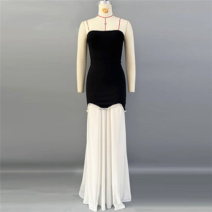 Strapless Pearl Detail A Line Maxi Dress Black White HV2992