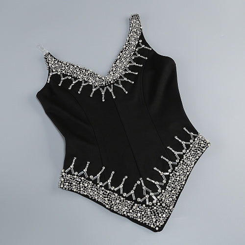 Embellished Draped Corset Two Piece Midi Dress Black White HV2996