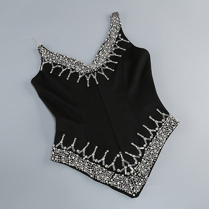 Embellished Draped Corset Two Piece Midi Dress Black White HV2996