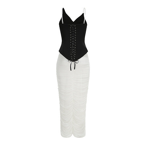 Embellished Draped Corset Two Piece Midi Dress Black White HV2996