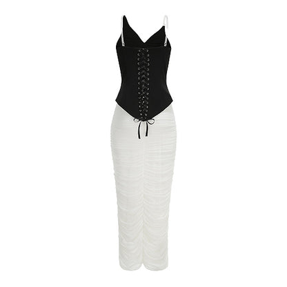 Embellished Draped Corset Two Piece Midi Dress Black White HV2996