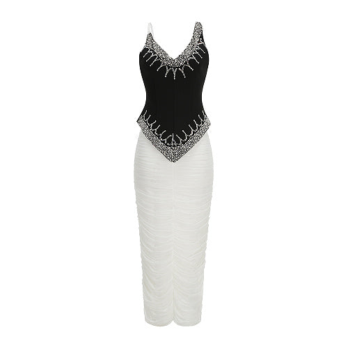 Embellished Draped Corset Two Piece Midi Dress Black White HV2996