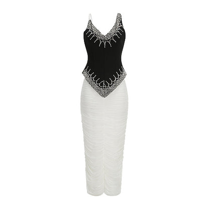 Embellished Draped Corset Two Piece Midi Dress Black White HV2996