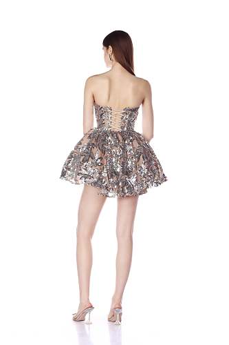 Strapless Floral Sequin A Line Corset Dress Silver HV2997