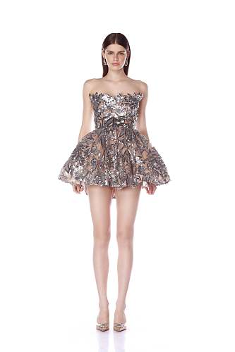 Strapless Floral Sequin A Line Corset Dress Silver HV2997