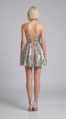 Strapless Floral Sequin A Line Corset Dress Silver HV2997