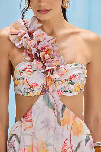 One Shoulder Floral Ruffle Maxi Dress Orange HV2999